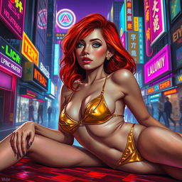 A Vallejo-style painting of a petite redhaired cyberpunk nomad elegantly laying down, adorned in a stunning gold bikini