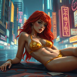 A Vallejo-style painting of a petite redhaired cyberpunk nomad elegantly laying down, adorned in a stunning gold bikini