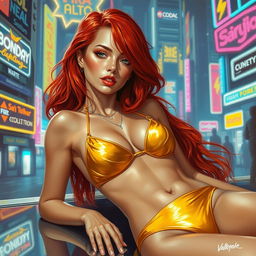 A Vallejo-style painting of a petite redhaired cyberpunk nomad elegantly laying down, adorned in a stunning gold bikini