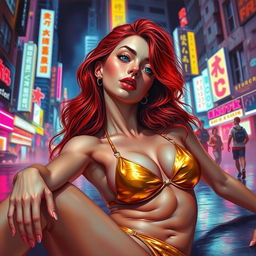 A Vallejo-style painting of a petite redhaired cyberpunk nomad elegantly laying down, adorned in a stunning gold bikini