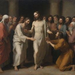 Dramatic scene of Christ healing a leper, his hand extended in a gesture of compassion and divine power, while the leper looks on with a mixture of hope and awe. The surrounding onlookers watch this miraculous healing in amazement.