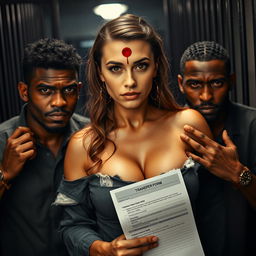 A striking scene in a jail setting featuring a Caucasian woman with large breasts, wearing a bindi on her forehead