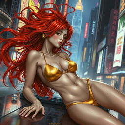 A Vallejo-style artwork depicting a petite redhaired cyberpunk nomad gracefully laying down, wearing a stunning gold bikini