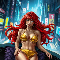 A Vallejo-style artwork depicting a petite redhaired cyberpunk nomad gracefully laying down, wearing a stunning gold bikini