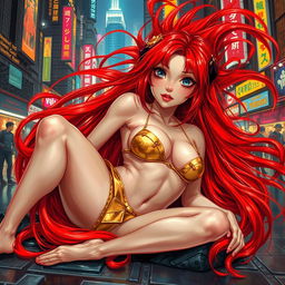 A Vallejo-style artwork depicting a petite redhaired cyberpunk nomad gracefully laying down, wearing a stunning gold bikini