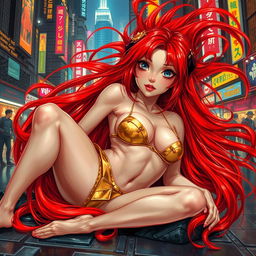 A Vallejo-style artwork depicting a petite redhaired cyberpunk nomad gracefully laying down, wearing a stunning gold bikini