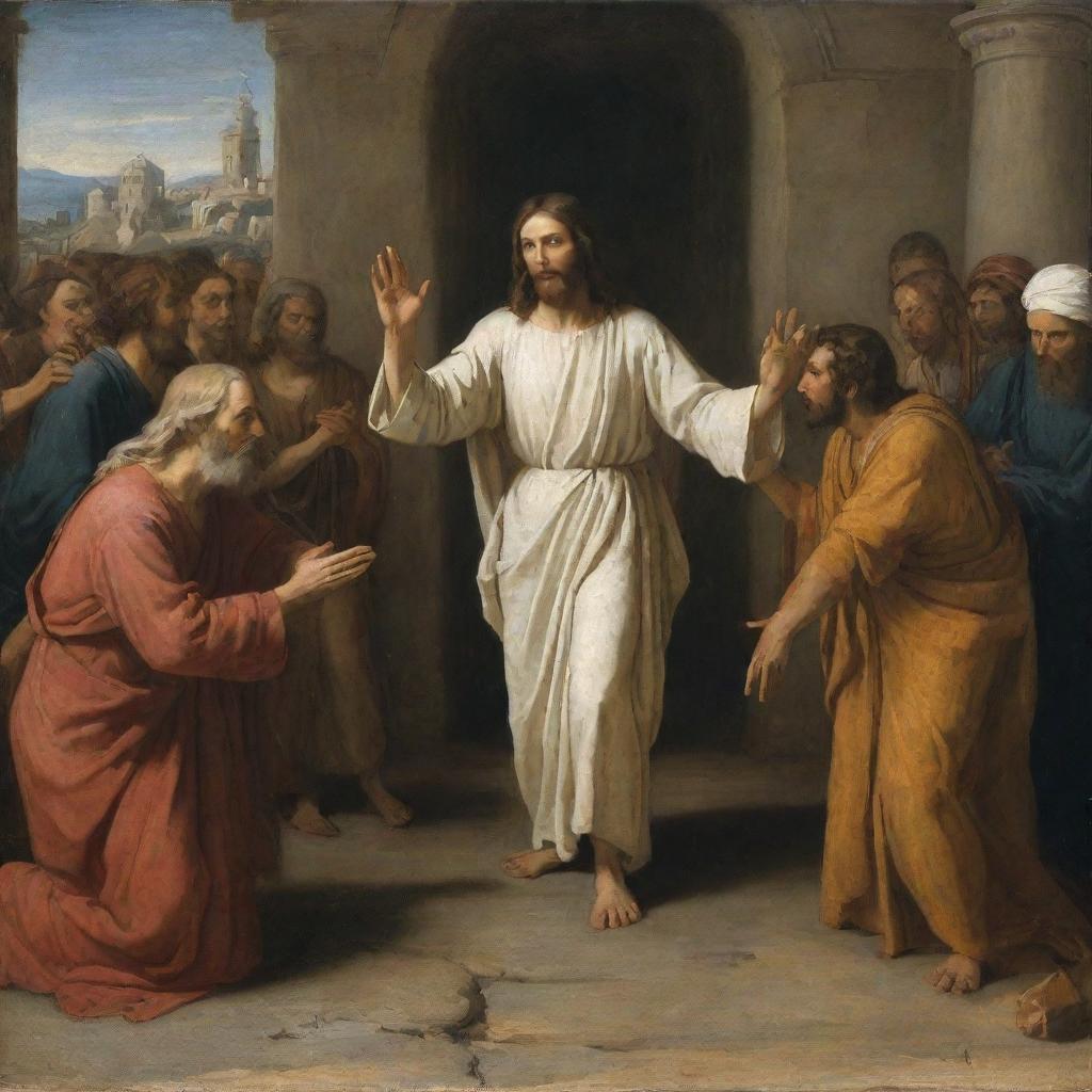 Dramatic scene of Christ healing a leper, his hand extended in a gesture of compassion and divine power, while the leper looks on with a mixture of hope and awe. The surrounding onlookers watch this miraculous healing in amazement.