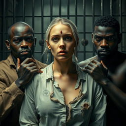 A dramatic scene in a dimly lit jail cell featuring a white woman with a bindi on her forehead