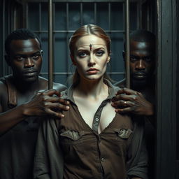 A dramatic scene in a dimly lit jail cell featuring a white woman with a bindi on her forehead