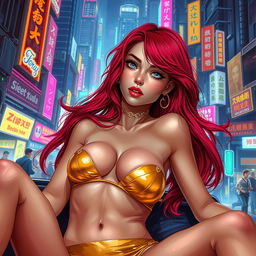 A stunning Vallejo-style illustration featuring a petite redhaired cyberpunk nomad reclining gracefully in a shiny gold bikini