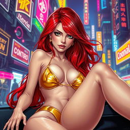 A stunning Vallejo-style illustration featuring a petite redhaired cyberpunk nomad reclining gracefully in a shiny gold bikini