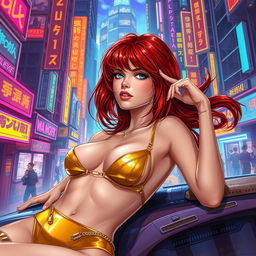 A stunning Vallejo-style illustration featuring a petite redhaired cyberpunk nomad reclining gracefully in a shiny gold bikini