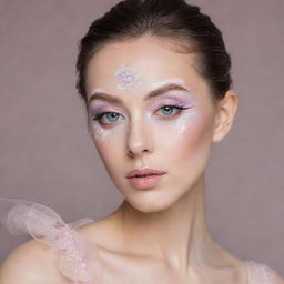 Close-up image of a ballet inspired makeup look, featuring soft pastels and delicate designs reminiscent of ballet costumes and pointe shoes.