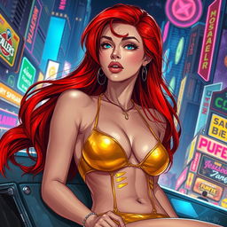 A stunning Vallejo-style illustration featuring a petite redhaired cyberpunk nomad reclining gracefully in a shiny gold bikini