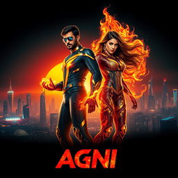 A stunning cinematic sci-fi futuristic action film poster titled 'AGNI'