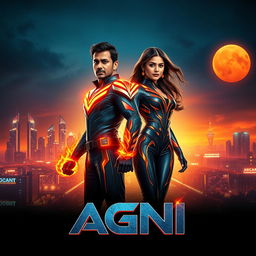 A stunning cinematic sci-fi futuristic action film poster titled 'AGNI'