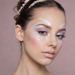 Close-up image of a ballet inspired makeup look, featuring soft pastels and delicate designs reminiscent of ballet costumes and pointe shoes.