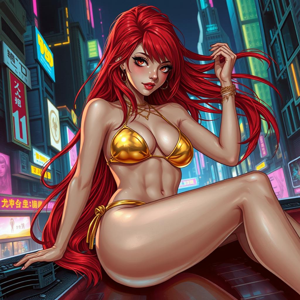 A captivating Vallejo-style illustration of a petite redhaired cyberpunk nomad reclining gracefully, dressed in a striking gold bikini