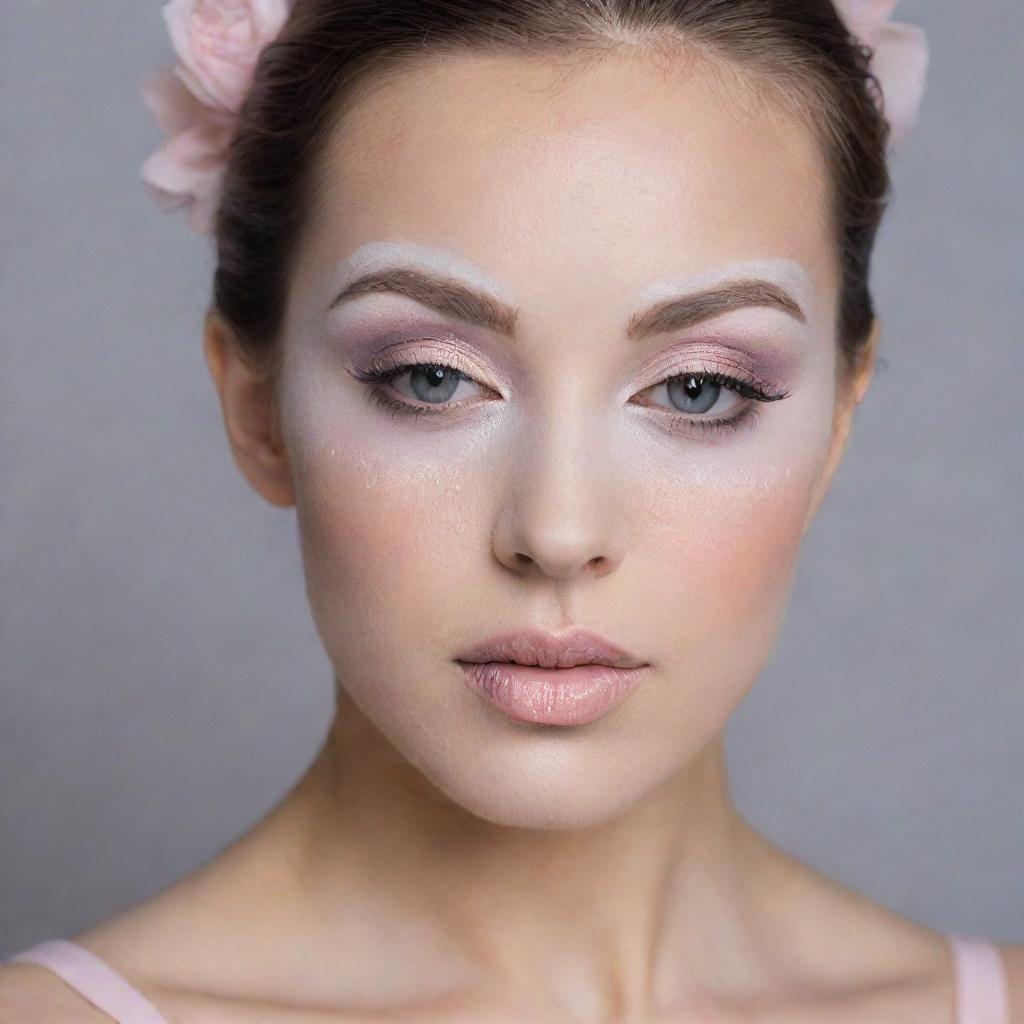 Close-up image of a ballet inspired makeup look, featuring soft pastels and delicate designs reminiscent of ballet costumes and pointe shoes.