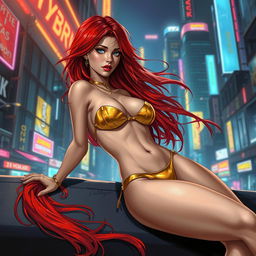 A captivating Vallejo-style illustration of a petite redhaired cyberpunk nomad reclining gracefully, dressed in a striking gold bikini