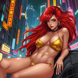 A captivating Vallejo-style illustration of a petite redhaired cyberpunk nomad reclining gracefully, dressed in a striking gold bikini