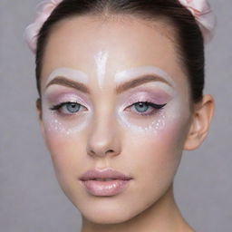 Close-up image of a ballet inspired makeup look, featuring soft pastels and delicate designs reminiscent of ballet costumes and pointe shoes.