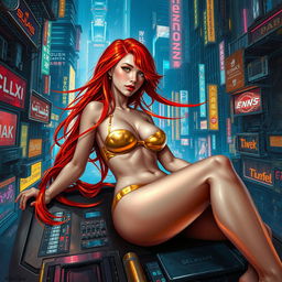 An enchanting Vallejo-style painting featuring a petite redhaired cyberpunk nomad reclining elegantly in a lustrous gold bikini