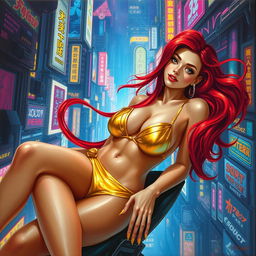 An enchanting Vallejo-style painting featuring a petite redhaired cyberpunk nomad reclining elegantly in a lustrous gold bikini