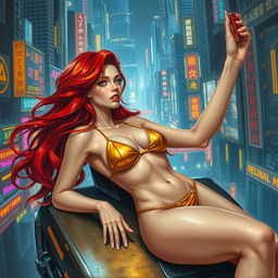 An enchanting Vallejo-style painting featuring a petite redhaired cyberpunk nomad reclining elegantly in a lustrous gold bikini