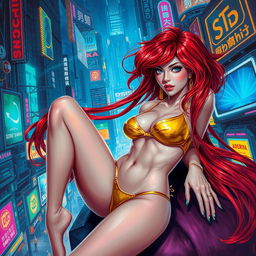 An enchanting Vallejo-style painting featuring a petite redhaired cyberpunk nomad reclining elegantly in a lustrous gold bikini