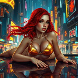 A breathtaking Vallejo-style artwork depicting a petite redhaired cyberpunk nomad elegantly laying down in a gleaming gold bikini