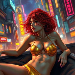 A breathtaking Vallejo-style artwork depicting a petite redhaired cyberpunk nomad elegantly laying down in a gleaming gold bikini