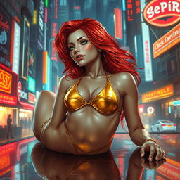 A breathtaking Vallejo-style artwork depicting a petite redhaired cyberpunk nomad elegantly laying down in a gleaming gold bikini