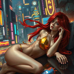 A breathtaking Vallejo-style artwork depicting a petite redhaired cyberpunk nomad elegantly laying down in a gleaming gold bikini