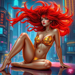 A mesmerizing Vallejo-style artwork showcasing a petite redhaired cyberpunk nomad luxuriating in a shimmering gold bikini