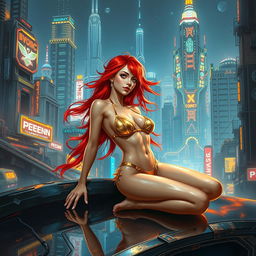 A mesmerizing Vallejo-style artwork showcasing a petite redhaired cyberpunk nomad luxuriating in a shimmering gold bikini