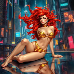 A mesmerizing Vallejo-style artwork showcasing a petite redhaired cyberpunk nomad luxuriating in a shimmering gold bikini