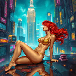 A mesmerizing Vallejo-style artwork showcasing a petite redhaired cyberpunk nomad luxuriating in a shimmering gold bikini