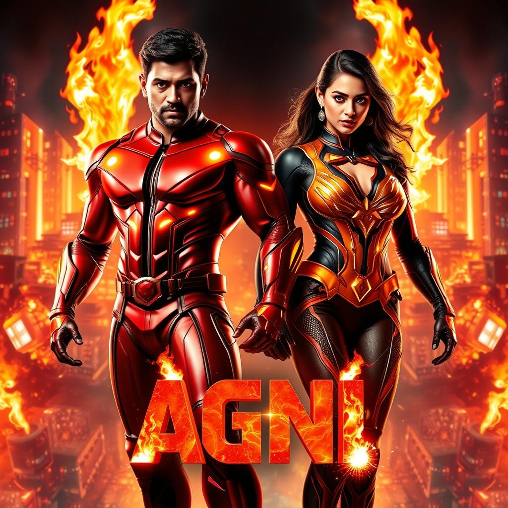 A visually striking action film poster titled 'AGNI', featuring an Indian man and woman clad in modern superhero costumes, each radiating the powers of burning fire