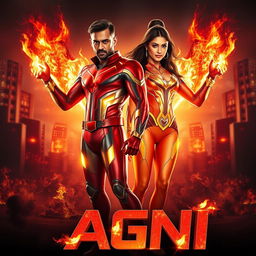 A visually striking action film poster titled 'AGNI', featuring an Indian man and woman clad in modern superhero costumes, each radiating the powers of burning fire