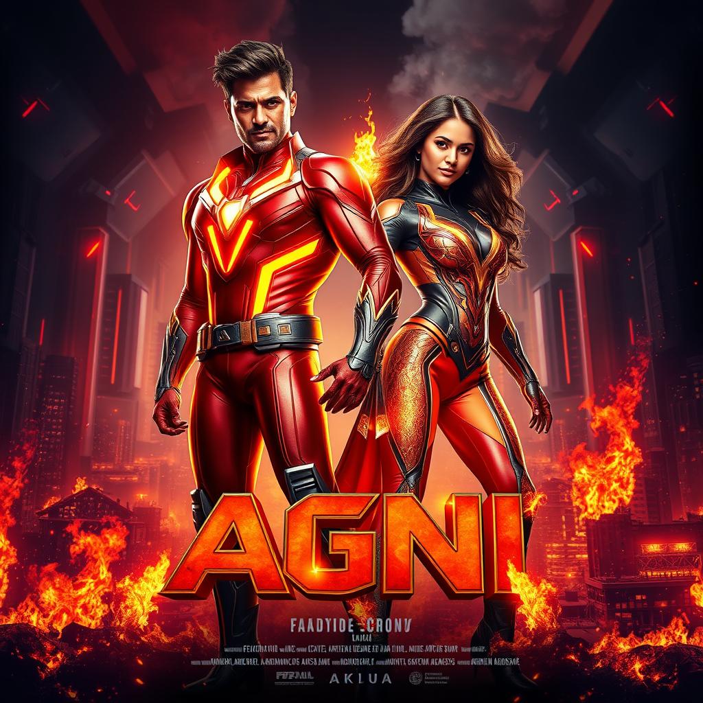 A visually striking action film poster titled 'AGNI', featuring an Indian man and woman clad in modern superhero costumes, each radiating the powers of burning fire