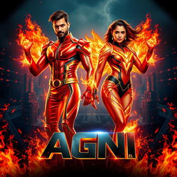 A visually striking action film poster titled 'AGNI', featuring an Indian man and woman clad in modern superhero costumes, each radiating the powers of burning fire