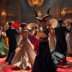 An elegant ball featuring aristocratic figures in lavish attire, gracefully dancing with ornate fans