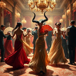 An elegant ball featuring aristocratic figures in lavish attire, gracefully dancing with ornate fans