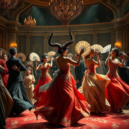 An elegant ball featuring aristocratic figures in lavish attire, gracefully dancing with ornate fans