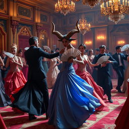 An elegant ball featuring aristocratic figures in lavish attire, gracefully dancing with ornate fans