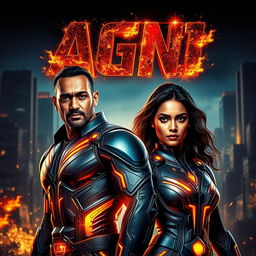 A cinematic sci-fi futuristic action film poster featuring an Indian man and woman, both with dark complexions, adorned in modern superhero costumes that glimmer with hints of fire