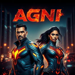 A cinematic sci-fi futuristic action film poster featuring an Indian man and woman, both with dark complexions, adorned in modern superhero costumes that glimmer with hints of fire