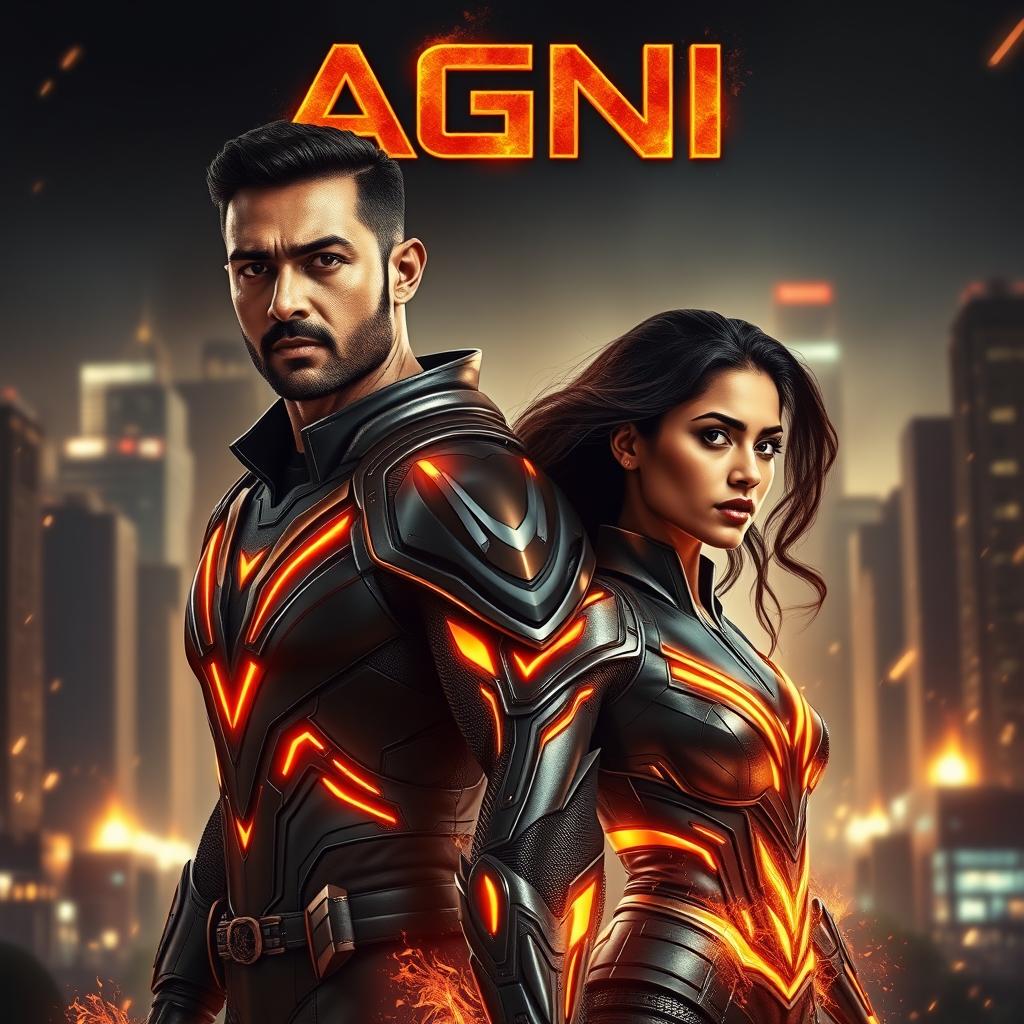 A cinematic sci-fi futuristic action film poster featuring an Indian man and woman, both with dark complexions, adorned in modern superhero costumes that glimmer with hints of fire