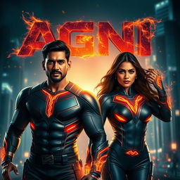 A cinematic sci-fi futuristic action film poster featuring an Indian man and woman, both with dark complexions, adorned in modern superhero costumes that glimmer with hints of fire